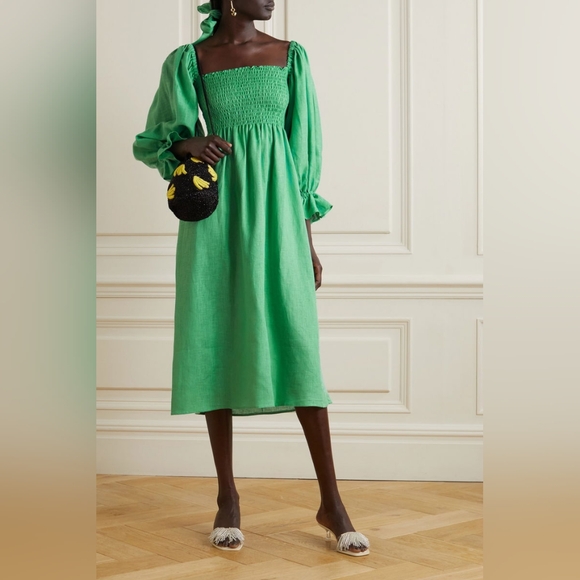 Sleeper 100% linen atlanta smocked midi dress with hair tie, small - Picture 1 of 4